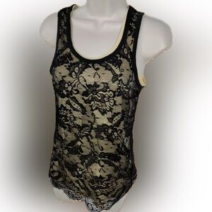 MICHAEL KORS XL BLACK LACE OVERLAY SLEEVELESS VEST TANK T-SHIRT TOP - EUC